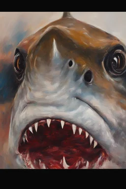 up close realistic oil painting of a shark, in impasto style, thick strokes of oil paint