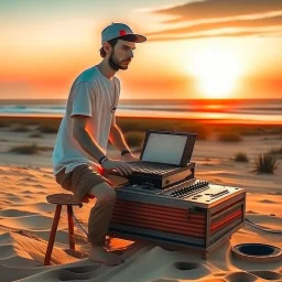 short beard man with cap, desk, DJ play records ,full body, acustic systems box,speakers, at beach, dunes background, sunset