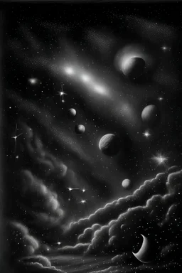 a charcoal drawing of a night sky, stars and planets on the background