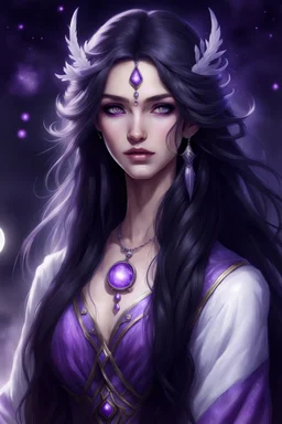 a female noble. twenty four years old. white skin. purple eyes. long black hair. beuatiful face, lunar sorcerer, visteria in hair