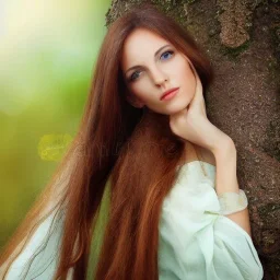 avatar of a beautiful Hungarian woman with clear features with a magical feel with light brown long hair with nature background