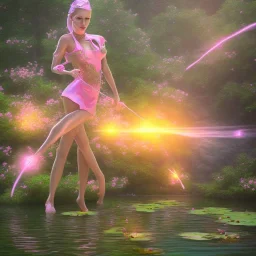 pink lady, hovering over pond, river, glowing, orange