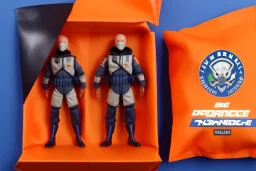 Mike Pence G.I. Joe toy Doll Space force uniform inside blister packaging hanging on a Wallrack in toystore, fluorescent orange, Cellophane, wide angle shot whole body, black boots, laser, spaceforce logo, fullsize