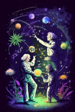 Albert Einstein and Richard Feynman playing with numbers & atoms in outerspace with plants, cosmic gas, stars, moons, and comets dancing around them