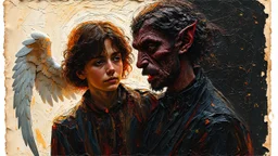 old worn postcard, Portrait Light and darkness in one person, angel and demon in one person, abstract art additional colors small details,