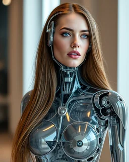 a photoshoot view fullbody beautifull Russian Supermodel long hair having humanoid body robot transparent visible glass shiny explore inside details mechanical parts