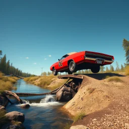 digital photograph, dramatic angle of dukes of hazard's general lee - 1969 red dodge charger with "01" on side jumping over a small river from a downed bridge