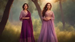 Hyper Realistic 3rd-rule-view of a Beautiful-Young-Happy-Pashto-Woman-with-beautiful-eyes-Smiling with-tradtional-dress-with-purple-shawl & breeze-whirling in a jungle-with-tall-trees & cloudy-sunset-&-sun-rays showing dramatic & cinematic ambiance