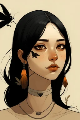 A wheat-skinned girl with black eyes, long, medium-length black hair, thick black eyebrows, a medium-long nose, medium-full lips, and an oval face, wearing a necklace in the shape of a butterfly and a bird.