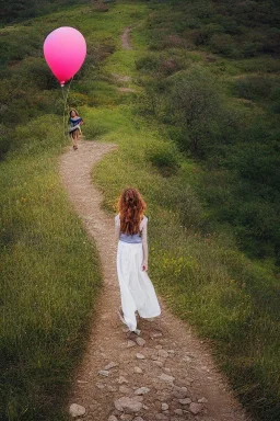 A beautiful girl walking along a mountain path, walking against the wind with balloons in her hand. nature, HD photography, Galen Rowell, David Muench, perfect composition, gloss, hyperrealism