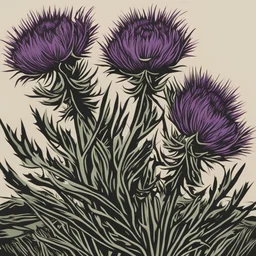 Three thistles in Scottish highland painted by fine linocut