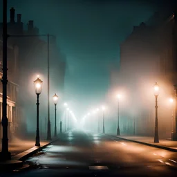 a photography of a dreamy street at night with identical streetlights lined up and fog liminal space