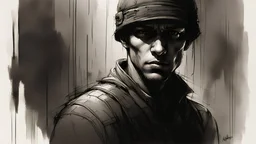 bald young man in a warm hat in a dark basement, post-apocalypse,, thick black pencil, by Raymond Swanland