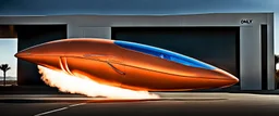 award winning car and driver photograph of a futuristic station wagon dirigible hybrid designed by only one vehicle per image painted metallic orange traveling at a high rate of speed, jet intake off of front center of vehicle and jet exhaust out the rear with bright blue flame, bilaterally symetrical, more a high speed road vehicle