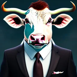 A cow wearing a suit and tie