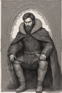 man, age 20, medieval, fighter, russian, croocked nose, czar, rich, simple clothes, short messy hair, thick beard, oligarch, leather coat with fur, brocade clothes, pencil drawing, black or red hair