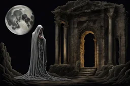 The solitary veiled figure draped in threads of decay standing at the midnight in moonlight next the Ruins, in backgrounde the luminous sinister moon, detailed, crepy stunning