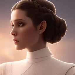 stunning half-body portrait photo of princess leia from Star Wars, hazel iris, wlop, artgerm, akihiko yoshida, and liang xing, detailed face, doe eyes, intricate braided hair style, symmetrical eyes, trending on artstation, highly detailed, white dress, dynamic pose, intricate outfit, space ship and galaxy background