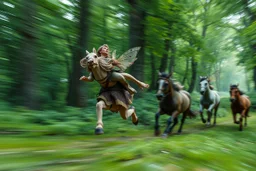 motion blur fast running caped long haired pixie Quickling - Forgotten Realms along winding branches in lush green forest along speeding horses , bokeh like f/0.8, tilt-shift lens 8k, high detail, smooth render, down-light, unreal engine, prize winning