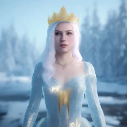 A portrait of a crystalised ices snow and gold queen, atmospheric,fantasy, realistic, unreal engine 5, cinematic lighting, octane render.