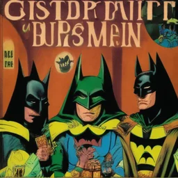 A 1980 medieval comic cover of a dark universe masonic sad drunk batman cosplay convention, green batman, orange batman, cyan batman, white batman.