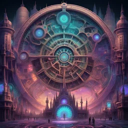 holographic projection of Clockwork city, in psychedelic art style