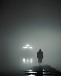 A moody and atmospheric scene of a lone figure standing on a foggy pier at night, with the silhouette of a ship in the distance and a faint glow on the horizon.