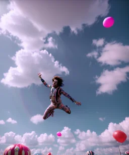 Ultra realistic clouds sky scene, wide angle, sweet childs falling down, man playing guitar, inflatable color clothing, free jumping flying, many trinkets, monster hair, hair monster, many jelly beans, balls, smile, happy, circus style, extreme, wind, clouds sea, 20,000 feet altitude, stratosphere, soft color, highly detailed, unreal engine 5, ray tracing, RTX, lumen lighting, ultra detail, volumetric lighting, 3d, finely drawn, high definition, high resolution.