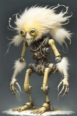 Artist Jean-Baptiste Monge style. A mechanical humanoid pale yellow filament-creature. White furry liquid tendrils. White eyes.