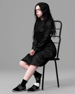 Billie Eilish, sitting on a chair, Black Short Dress, high detail, realistic