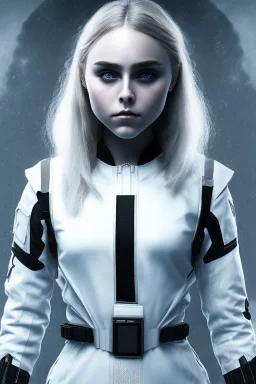 All Black AnnaSophia Robb soldier, ghost, wearing high tech mask, white smoke, dark, rage, sorrow, high definition, ultra 8 k, volumetric lighting, blue fire, fog