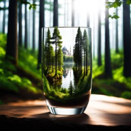 Create hyper-realistic photo of a glass tumbler in a wild forest. Inside, a miniature [Istanbul] with landmarks. A trasparrent 3D text of [Istanbul] blends naturally into the landscape . Soft bright daylight, reflections, and subtle imperfections like fingerprints. DSLR quality, sharp focus.