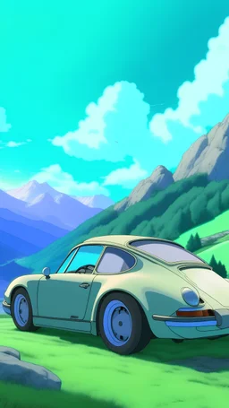 a porche car, mountains in the background, Ghibli style anime