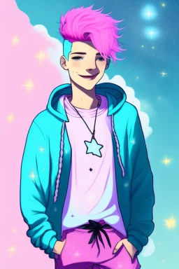 A an androgynous young man with tousled pink hair and golden eyes floating among the stars wearing a light blue hoodie and black board shorts. He is smiling softly and holding a star in one hand.