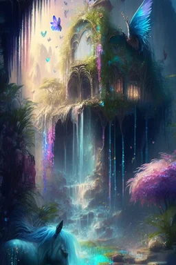 Phantasy landscape.Paradise hauntedgarden, unicorn, bright magic art, splash art, high quality, 8k, digital painting, glitter, waterfall, greenery, butterflies, birds of paradise, gnome's house, trending on artstation, sharp focus, studio photo, intricate details, highly detailed, by greg rutkowski