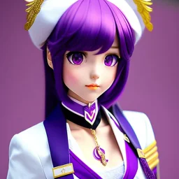  A tall beautiful anime teenage girl with short lilac-colored hair and violet eyes and a big chest. She wears the standard female school uniform, with her accessories being a black beret on her head with a gray ribbon connected to it and a white pair of stockings with garter belts.