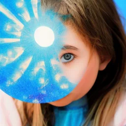 Photo of a sad little girl holding a blue sun