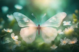 diaphanous transparent light butterfly with glowing center on green leaves and flowers, ethereal, otherwordly, cinematic postprocessing, bokeh, dof