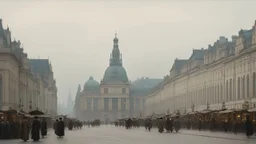 Wide cinematic view of Vienna in 1913, elegant imperial architecture and orderly boulevards under a pale, overcast sky, finely dressed figures walking with measured detachment, banners and official buildings suggesting bureaucracy and ceremony, atmosphere of intellectual tension and quiet stagnation, everything precise yet emotionally distant, muted colors, soft light, subtle haze, modernist realism, restrained, ironic tone, sense of a world perfectly organized and inwardly hollow,