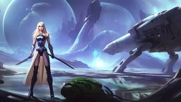 Wide-angle, full body of a woman, with straight blond hair, dressed like a robot, with equipment in her hands, next to a crashed spaceship, on an alien jungle world in the multiverse