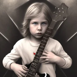 Mystery Kurt cobain toddler, full body, guitar, dramatique, art background, dramatic lighting, volumetric lighting, hyperrealisme, 8k, high quality, lot of details, fit within portrait, hyper realistic, unreal engine 5, uhd