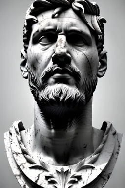 Ultra Realistic image, roman sculpture, white marble material, Lionel Messi, Laurel leaves wreath, miguel angel style, chisel style, emperador, waist up portrait, ultra hd, perfect texture, epic, celestial, cinematic lighting, God light, god rays, 4k resolution, smooth details, ornate details, soft lighting, unreal engine 5, low relief, marble background.