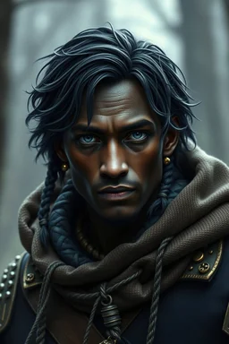 Male Kalashtar dungeons and dragon race, ranger, short layered dark hair with a couple small braids, grey eyes, dark dark skin, small dainty gold jewelry, older and strong looking, royal adventurer, hoodies forrest-like clothing