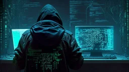 picture of a bad ass hacker at work from behind facing forward cyber punk