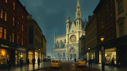 London street scene, cathedral, authentic, clear night, 1860, style John Atkinson Grimshaw