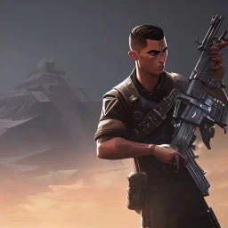 Cristiano Ronaldo in call of duty warzone have ak47 in his hand front of pyramids