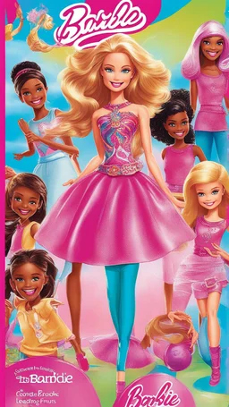 Create a vibrant image cover for a Barbie fun book featuring Barbie and her friends engaged in exciting adventures! Picture Barbie leading her friends on a colorful journey through fantastical landscapes filled with magic, friendship, and endless fun. Include iconic Barbie elements like glamorous outfits, sparkles, and smiles.