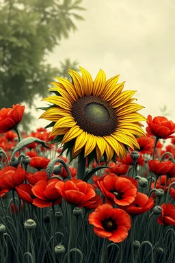 Sunflower surrounded with a lot of red poppies growing out of a zombie, the whole texture coffe color m