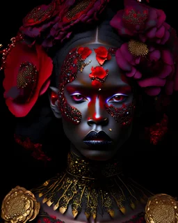 Beautiful young faced african voodoo vantablack woman adorned with garden red qnd ginger . Pansy flower rcoco metallic filigree decadent samanism garden pansy rhinesstone covered floral headress ornated woman portrait wearing venetian face masque and floral filigree embossed dress vantablack gothica voidcore decadent organic bio spinal ribbed detail of ribbed mineral stones extremely detailed hyperrealistic maximálist concept art rococo portrait art