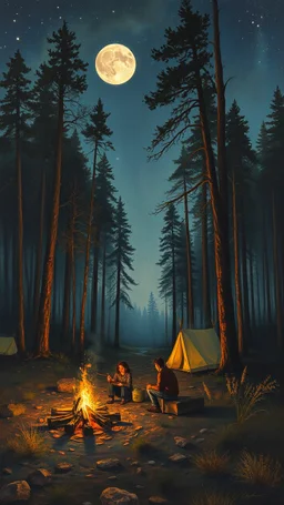 Peter Doig, neo raugh stlye painting on the canvas, Anselm Kiefer, Salvador Dalí, a young .a strange moonlit forest where dreams come true, which evokes a landscape, magicale landscape, Arthur Streeton style . A man and a woman camping setting around a fire and a small tents in the back